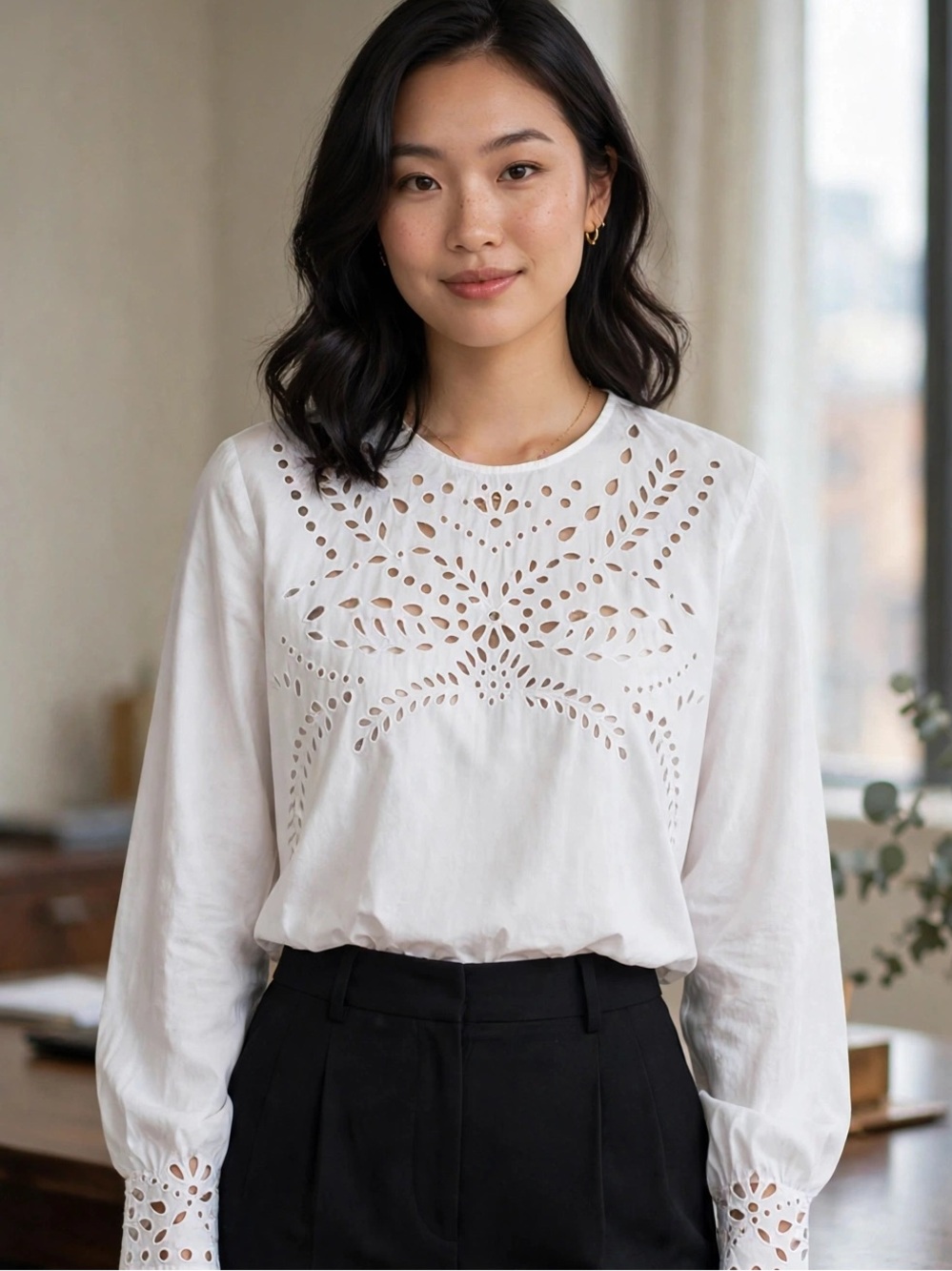 Zara White Eyelet Embroidered Cotton Blouse XL Long Sleeve Cutwork Boho